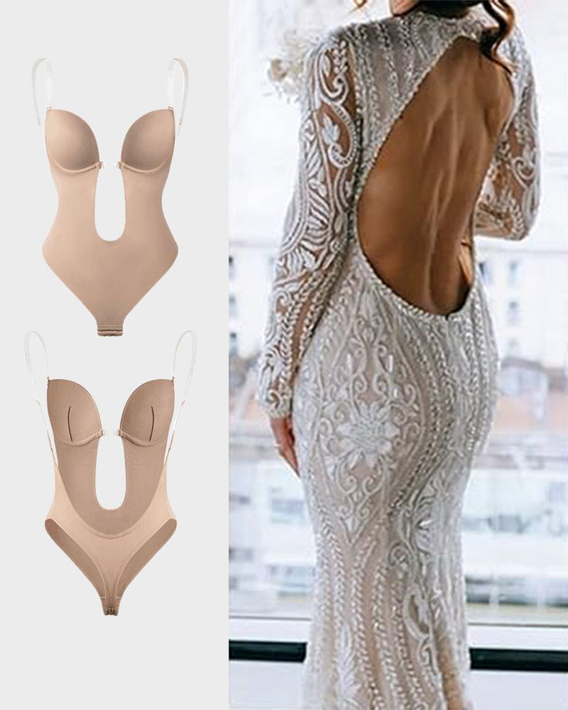 Deep Plunge Shapewear Bodysuit | Built-In Push-Up Bra & Tummy Control