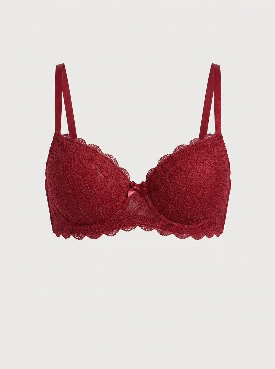 Floral Lace Push-Up Bra with Bow Detail