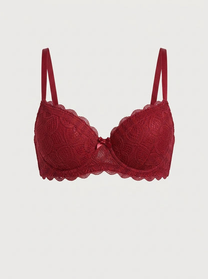Floral Lace Push-Up Bra with Bow Detail
