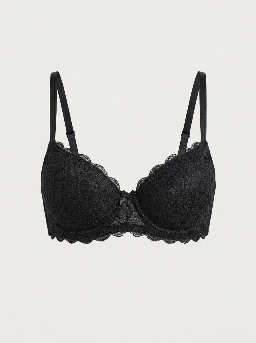 Floral Lace Push-Up Bra with Bow Detail
