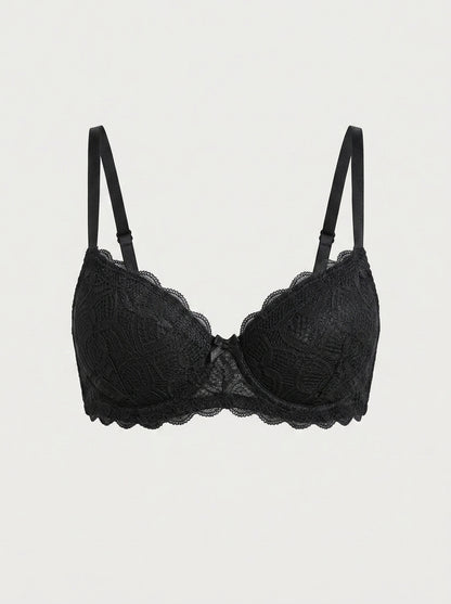 Floral Lace Push-Up Bra with Bow Detail