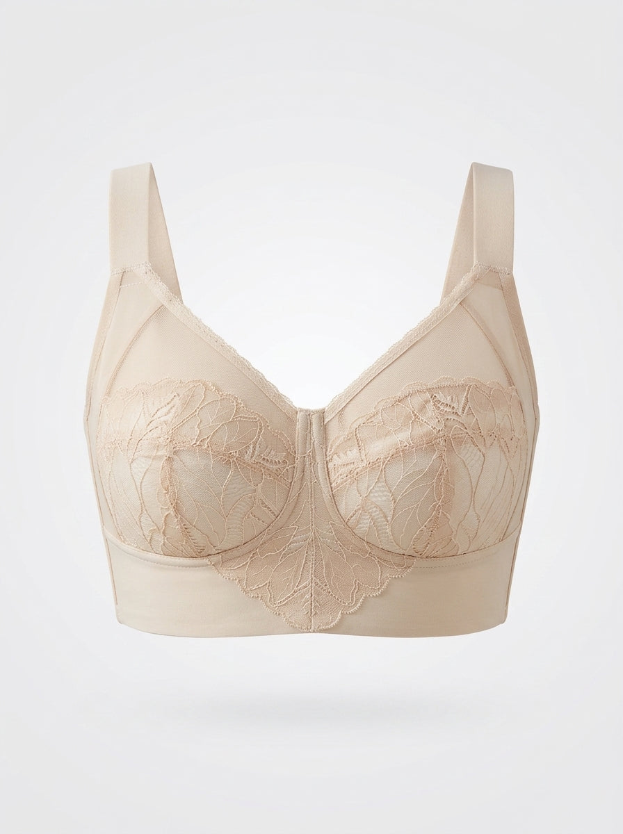 Sheer Leaf Lace Wire-Free Bra with Wide Straps
