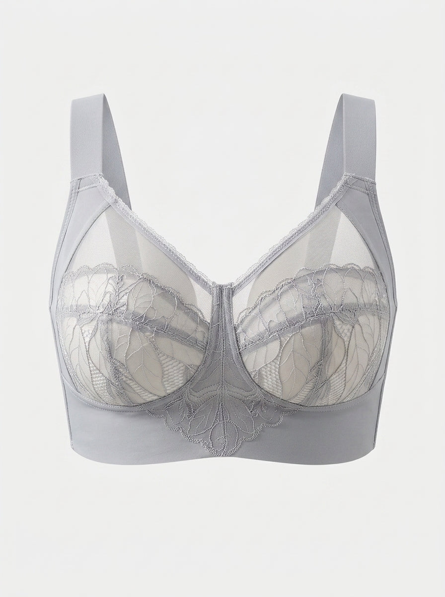 Sheer Leaf Lace Wire-Free Bra with Wide Straps