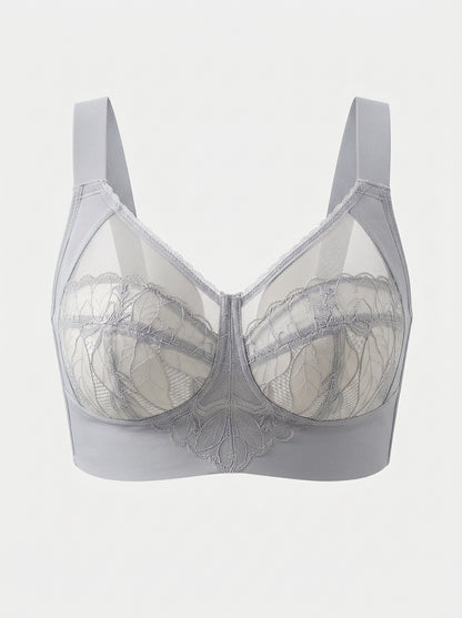 Sheer Leaf Lace Wire-Free Bra with Wide Straps