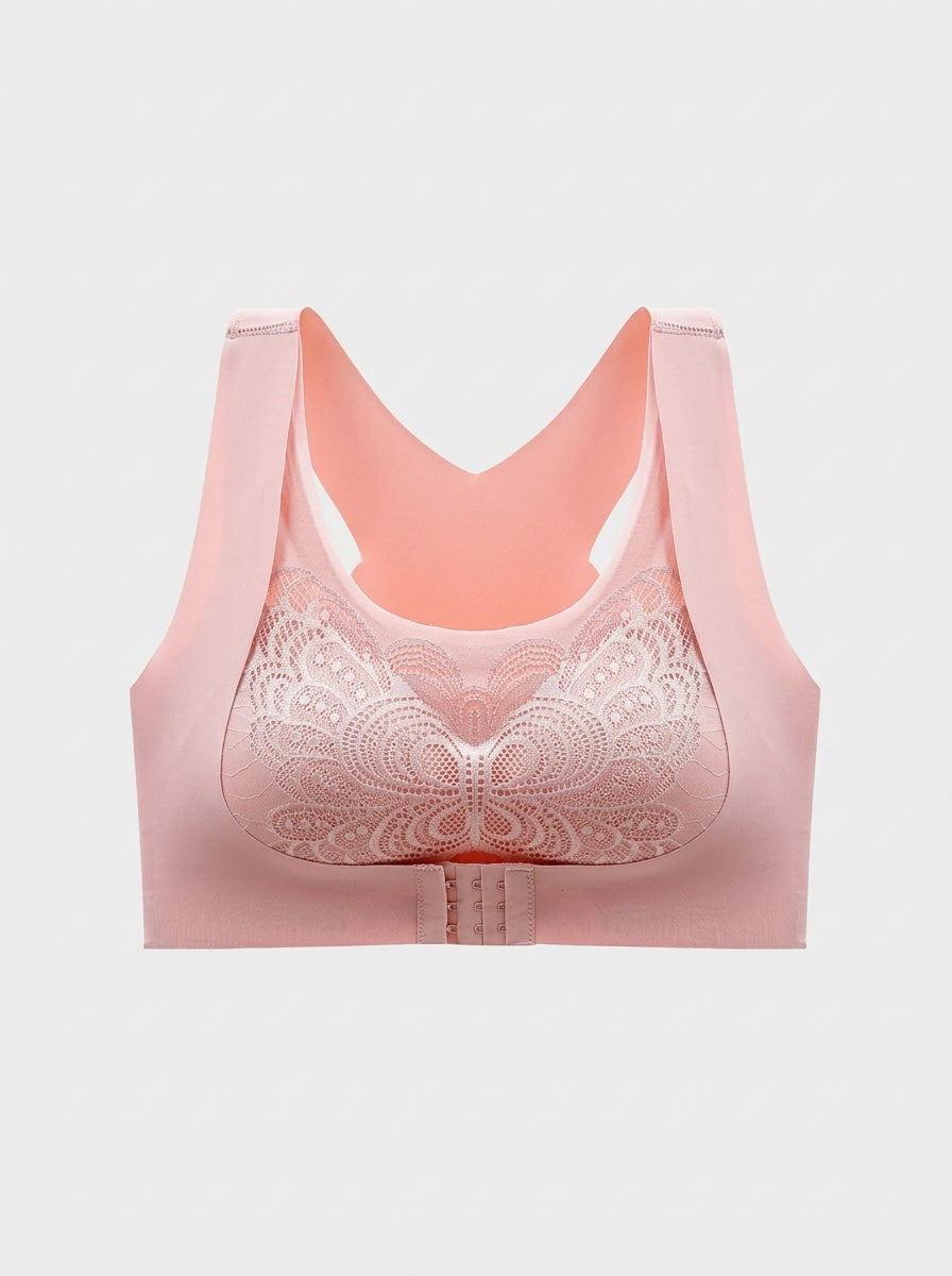 Front-Closure Lace Racerback Bra with Wire-Free Support
