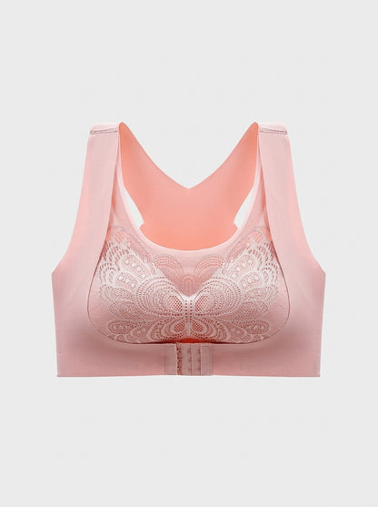 Front-Closure Lace Racerback Bra with Wire-Free Support