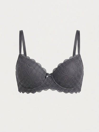 Floral Lace Push-Up Bra with Bow Detail
