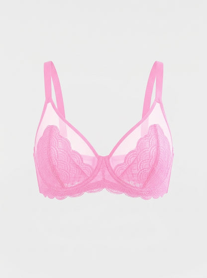 Sheer Underwire Bra | Scalloped Lace Trim | See-Through Mesh Cups