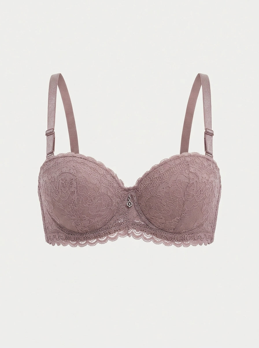 Floral Lace Underwire Bra with Scalloped Trim & Charm