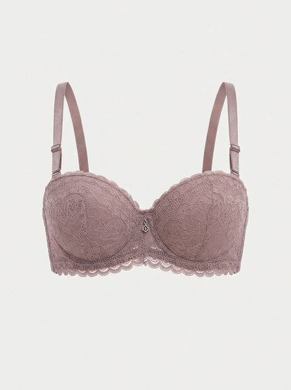 Floral Lace Underwire Bra with Scalloped Trim & Charm