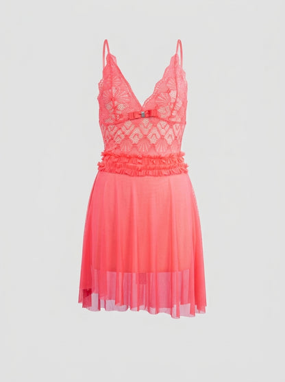 One-Size Sheer Mesh Babydoll with Fan Lace Bodice
