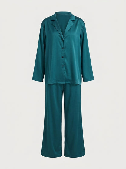 Satin Pajama Set with Button-Down Shirt and Wide-Leg Pants