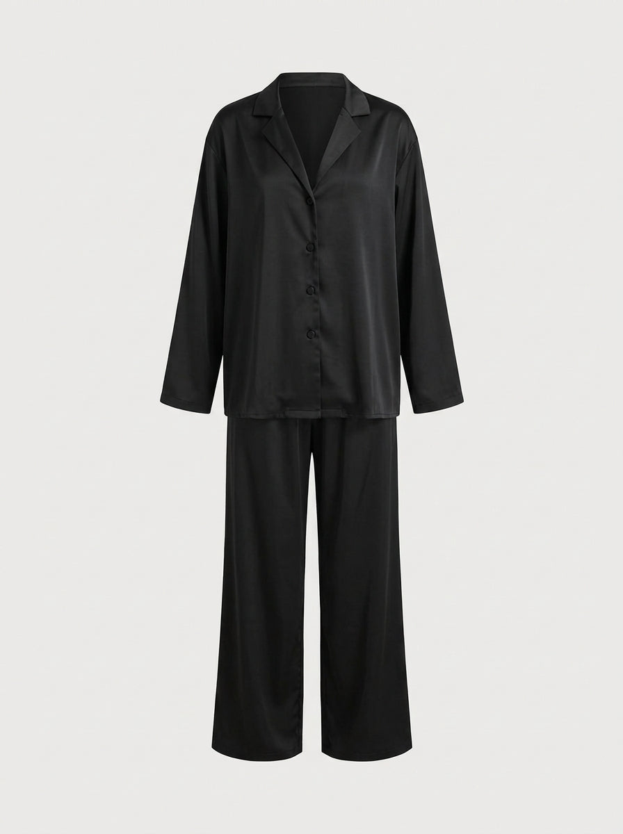 Satin Pajama Set with Button-Down Shirt and Wide-Leg Pants