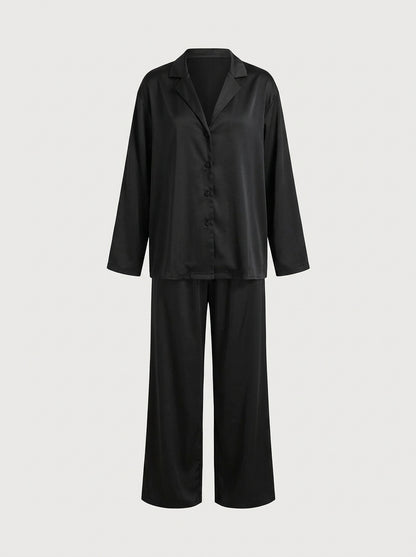 Satin Pajama Set with Button-Down Shirt and Wide-Leg Pants