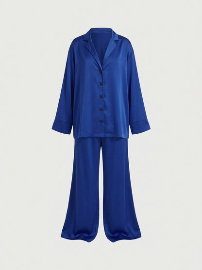 Satin Pajama Set with Button-Down Shirt and Wide-Leg Pants
