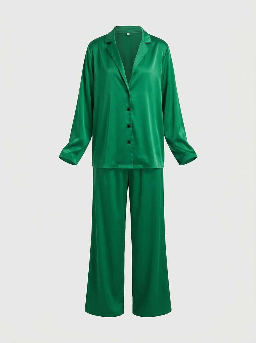 Satin Pajama Set with Button-Down Shirt and Wide-Leg Pants