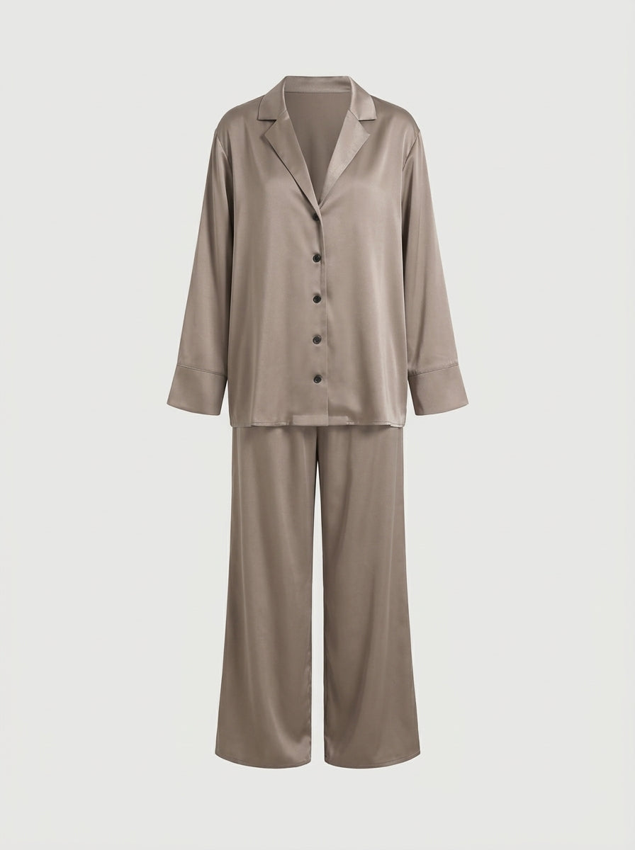 Satin Pajama Set with Button-Down Shirt and Wide-Leg Pants