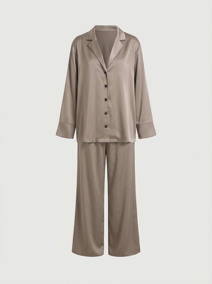 Satin Pajama Set with Button-Down Shirt and Wide-Leg Pants