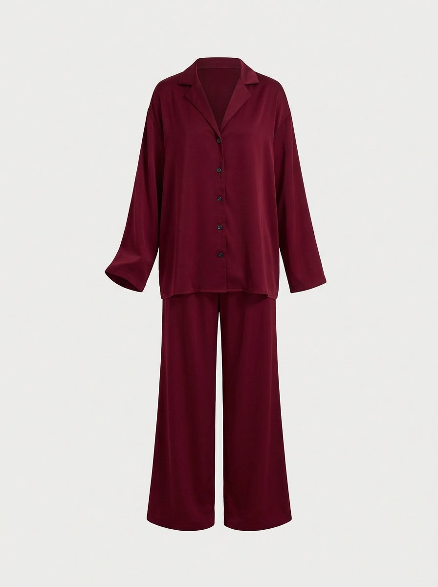 Satin Pajama Set with Button-Down Shirt and Wide-Leg Pants