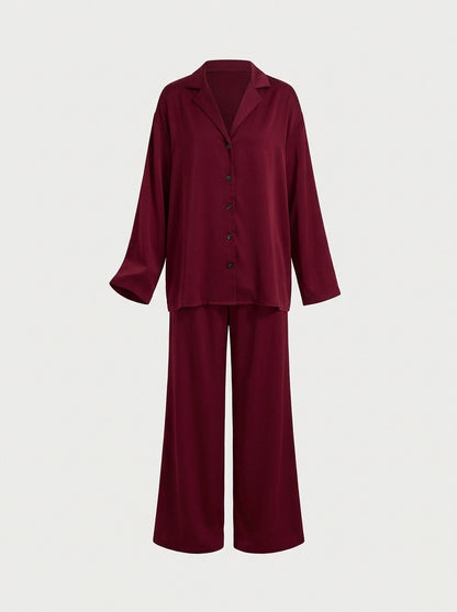 Satin Pajama Set with Button-Down Shirt and Wide-Leg Pants