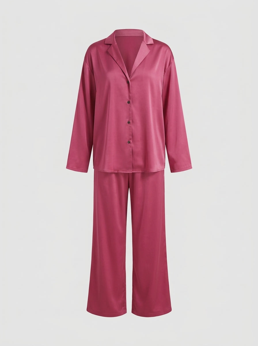 Satin Pajama Set with Button-Down Shirt and Wide-Leg Pants
