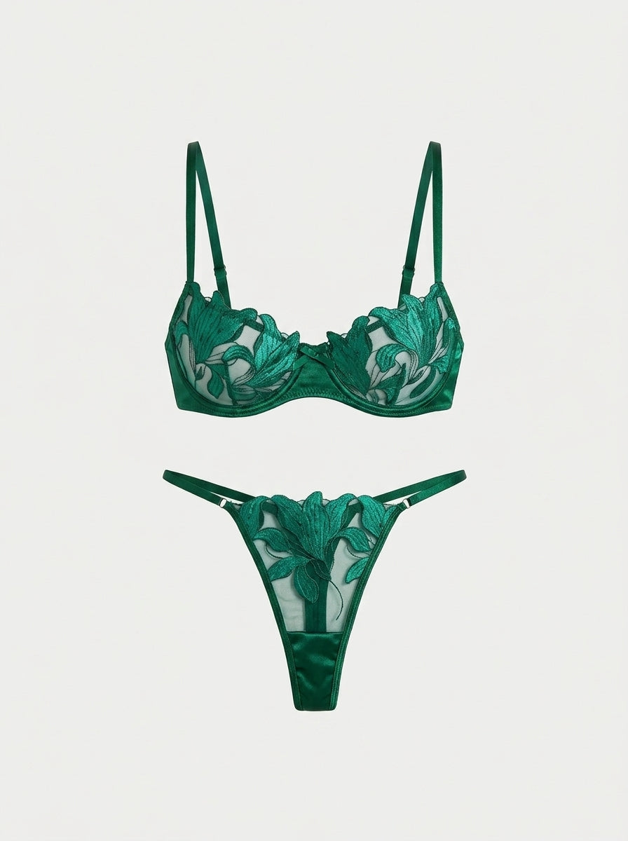 Satin Floral Embroidered Lingerie Underwire Set