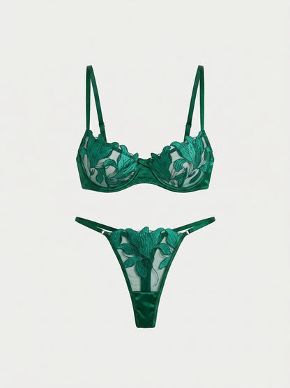 Satin Floral Embroidered Lingerie Underwire Set