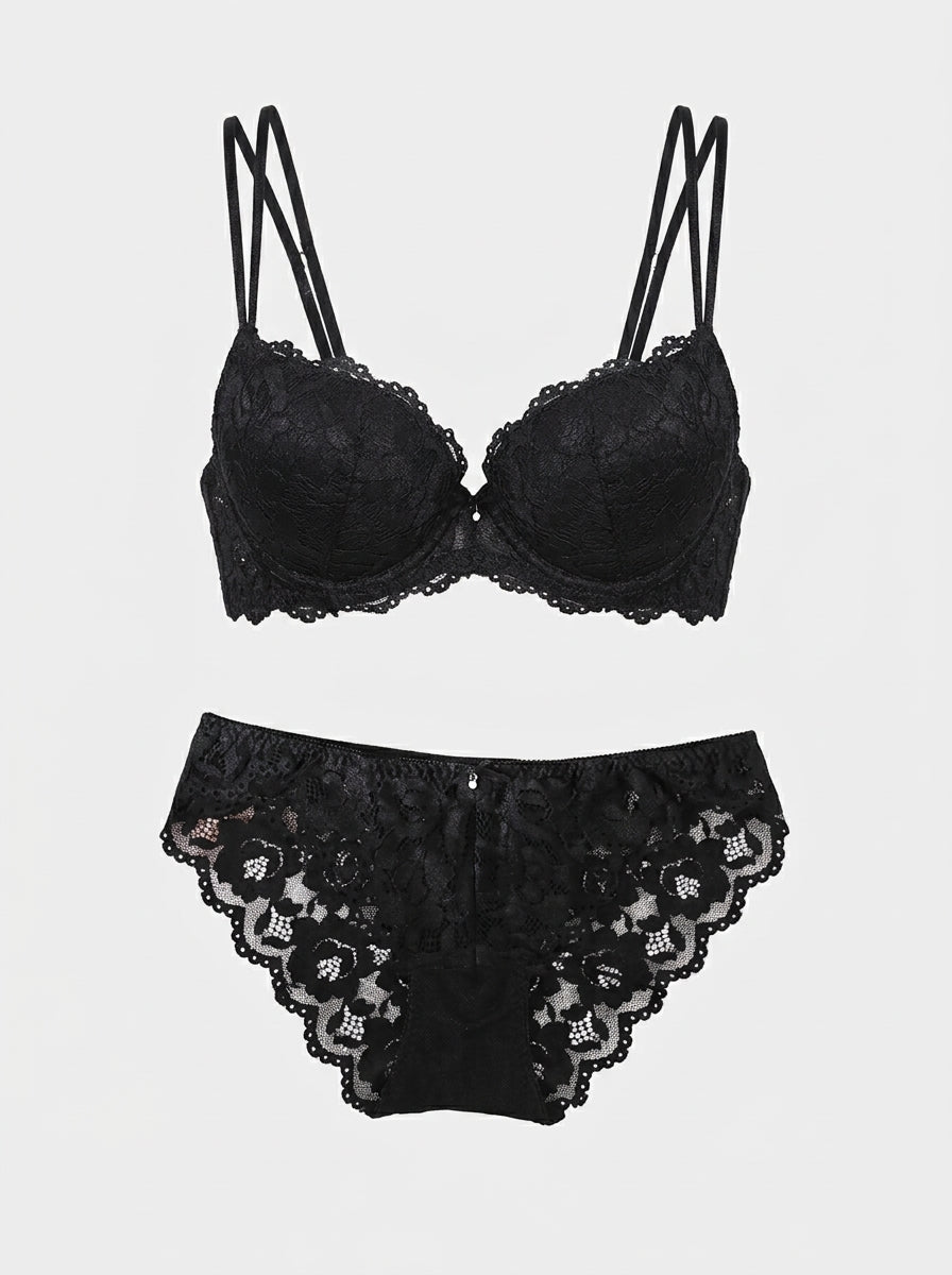 Floral Lace Bra & Panty Set with Scalloped Trim