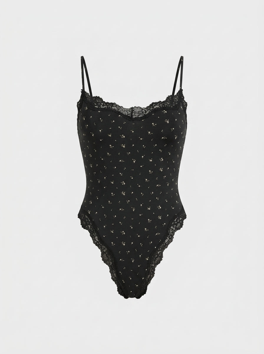 Lace Trim High-Cut Leg Bodysuit with Thin Straps