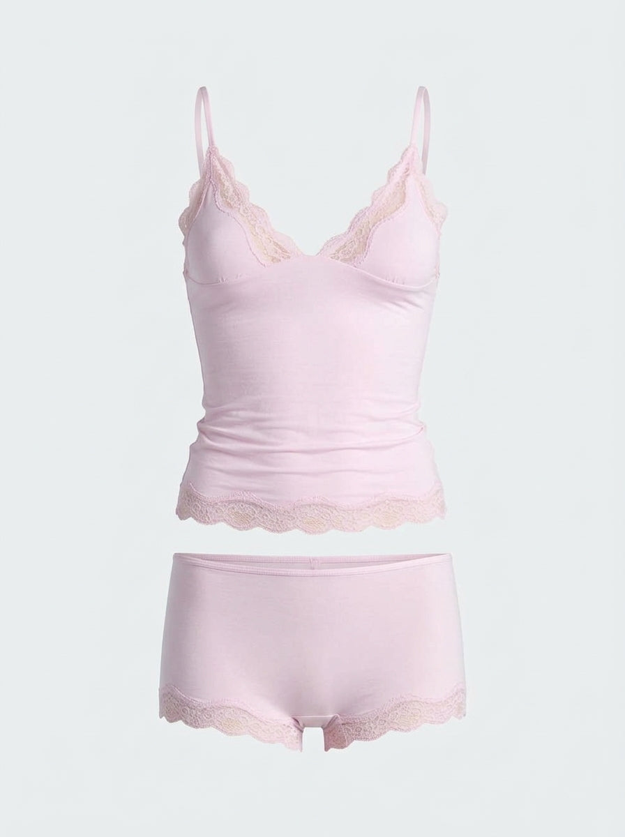 Lace Trim Cami Top & Shorts Set with Adjustable Straps