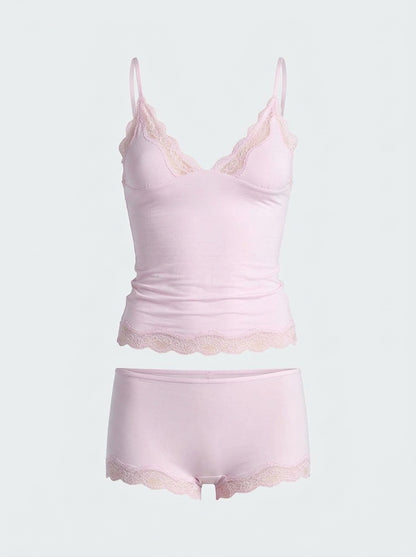 Lace Trim Cami Top & Shorts Set with Adjustable Straps