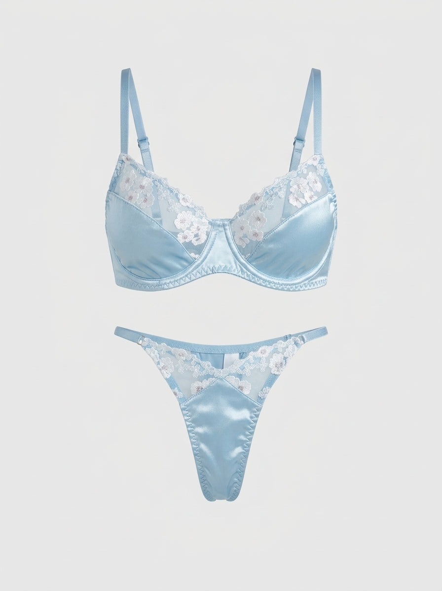 Satin Floral Applique Bra & Thong Set