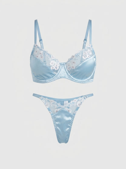 Satin Floral Applique Bra & Thong Set