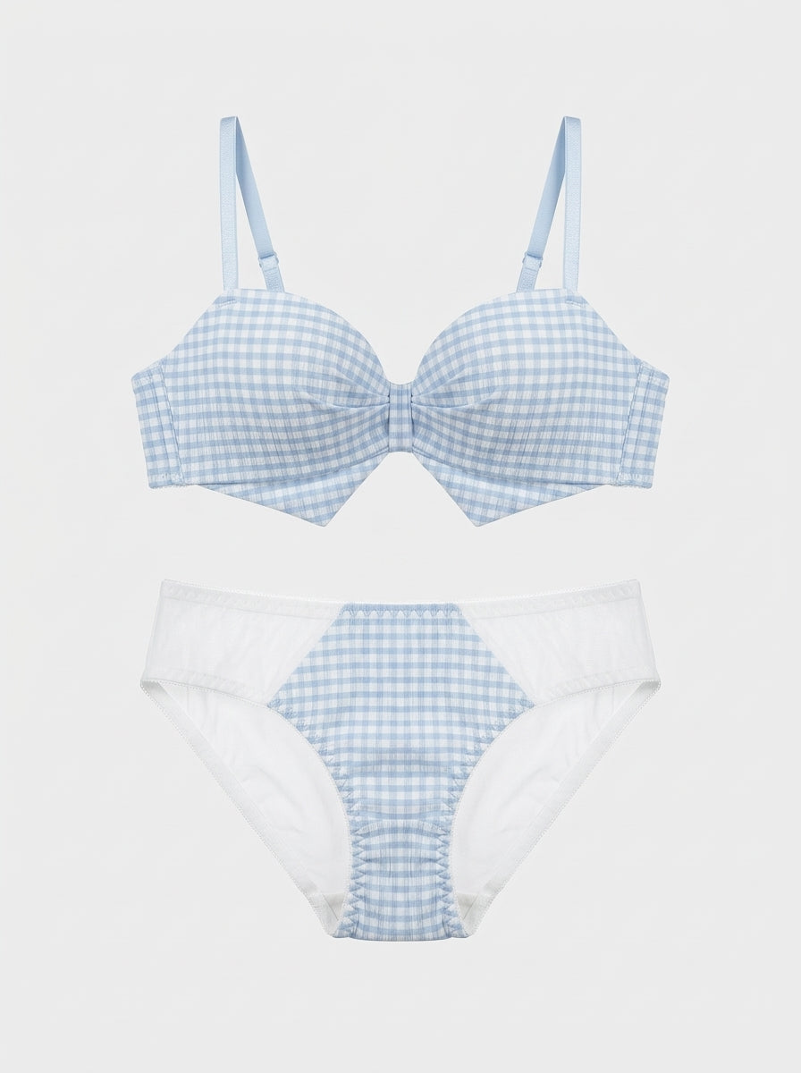 Gingham Print Bra & Panty Set with Bow Detail