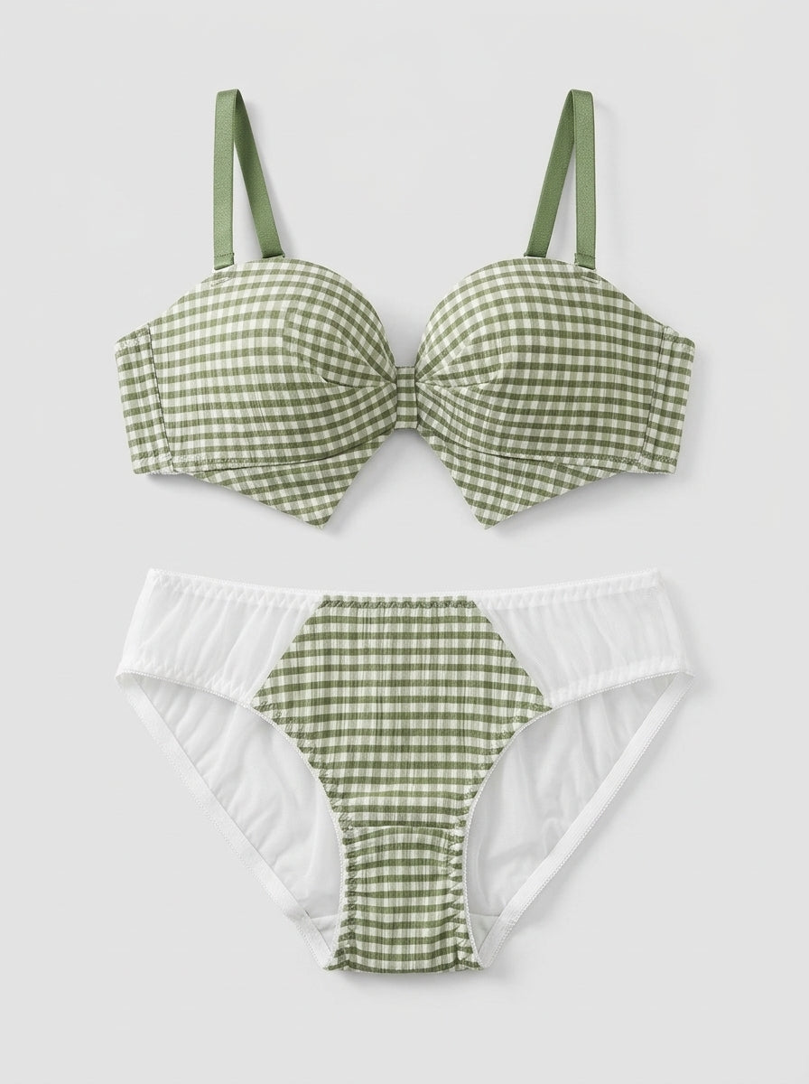 Gingham Print Bra & Panty Set with Bow Detail