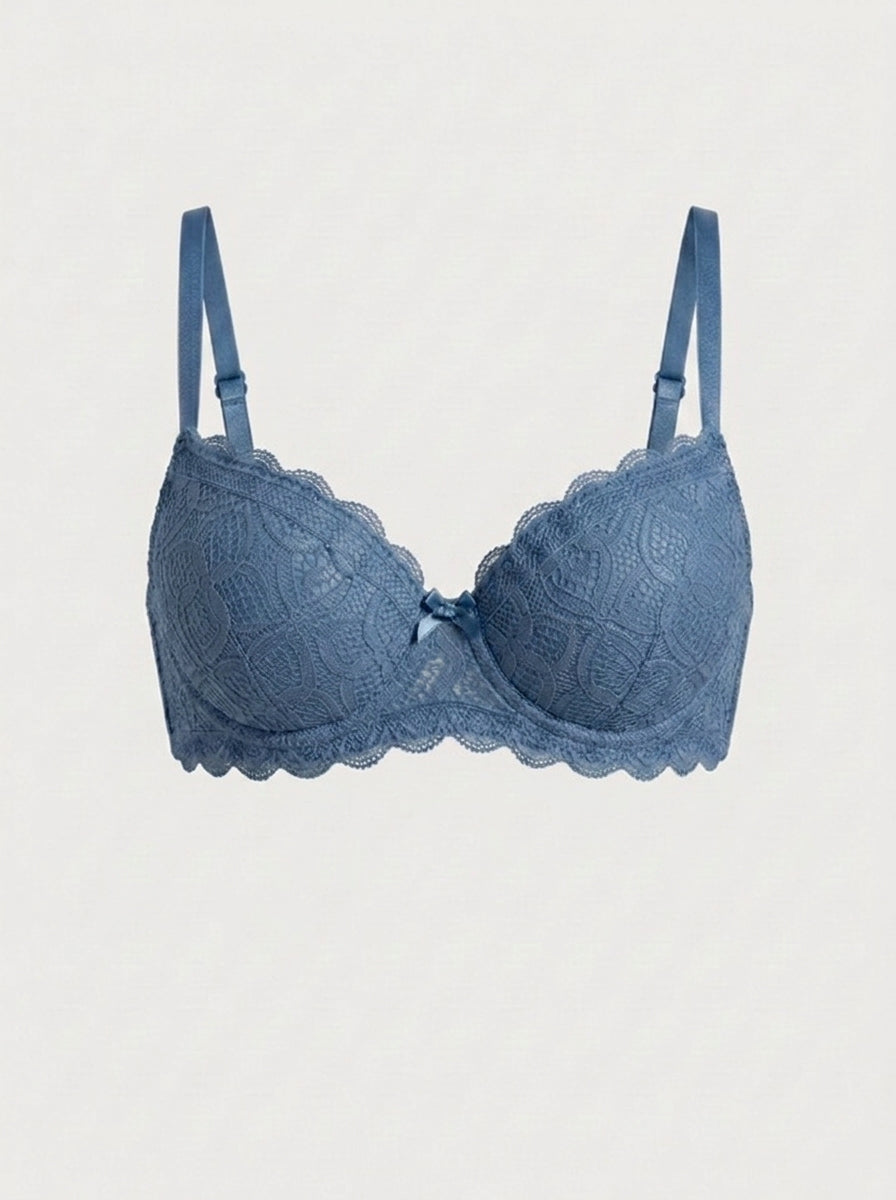 Floral Lace Push-Up Bra with Bow Detail