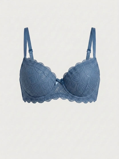 Floral Lace Push-Up Bra with Bow Detail