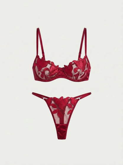 Satin Floral Embroidered Lingerie Underwire Set
