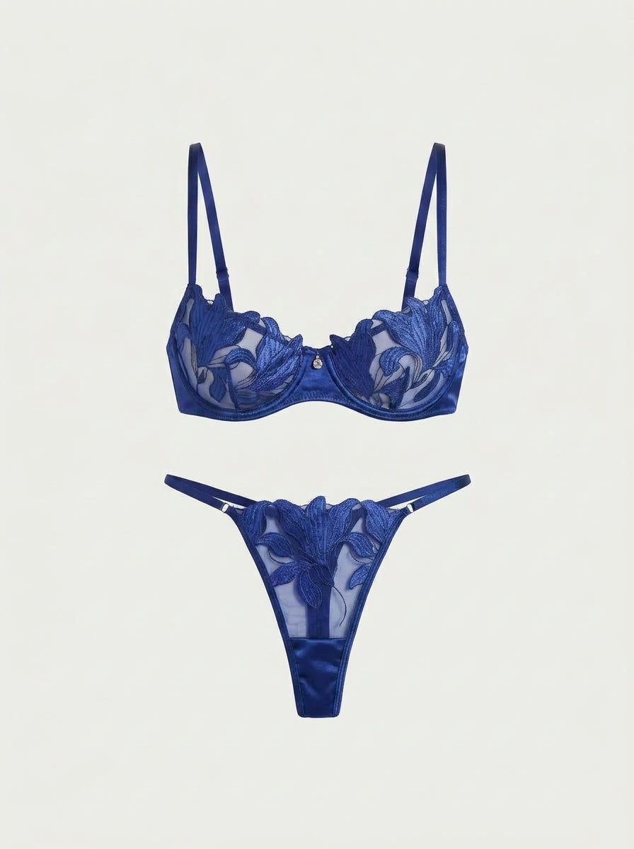 Satin Floral Embroidered Lingerie Underwire Set