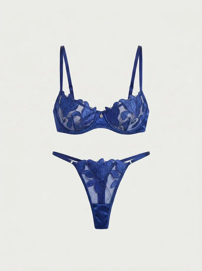 Satin Floral Embroidered Lingerie Underwire Set