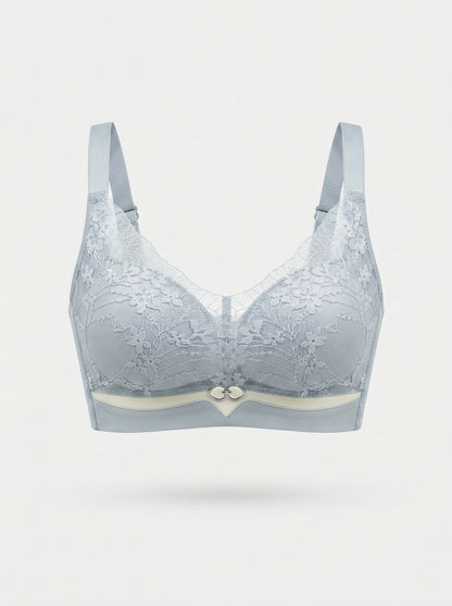 Sheer Floral Lace Wireless Bra with Bow