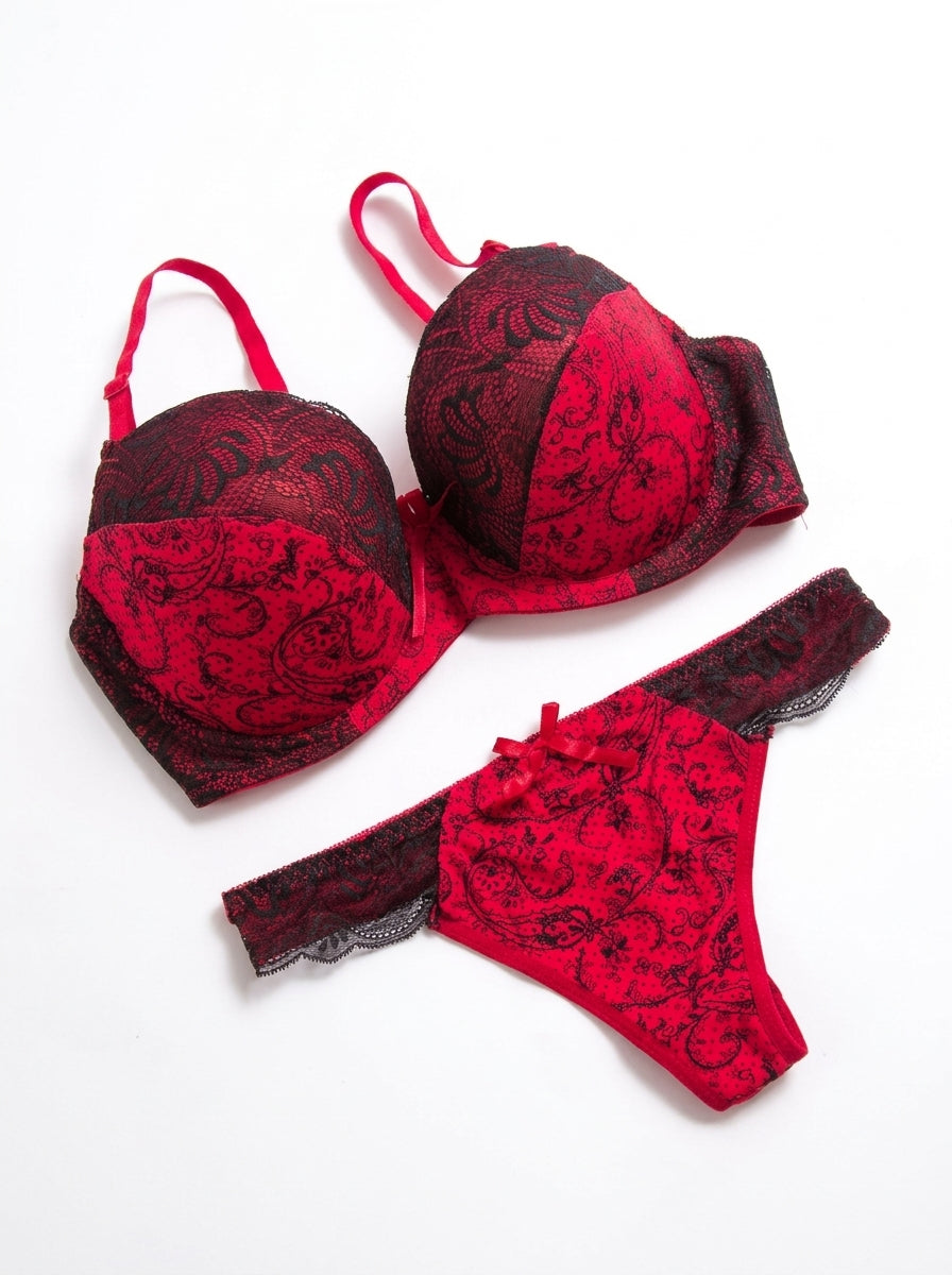 Paisley Print Lace-Trim Bra and Thong Set
