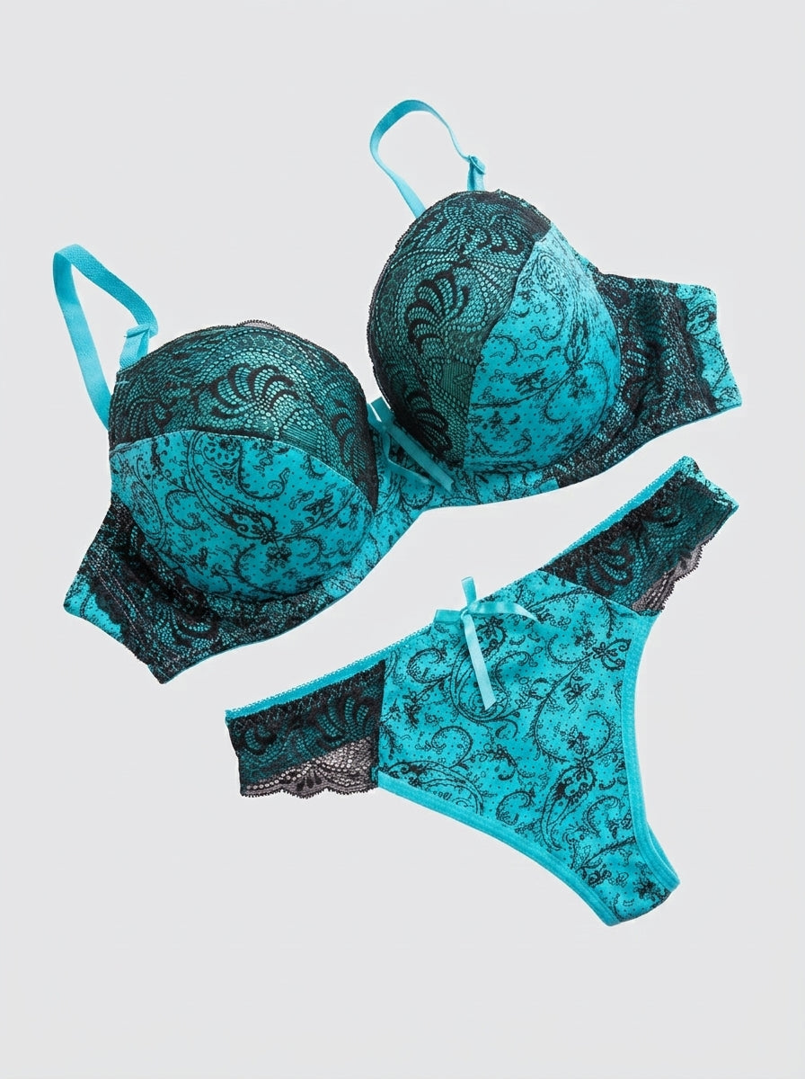 Paisley Print Lace-Trim Bra and Thong Set