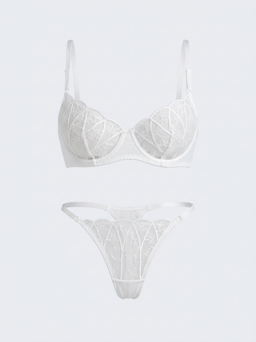 Sheer Floral Lace Balconette Bra & Thong Set