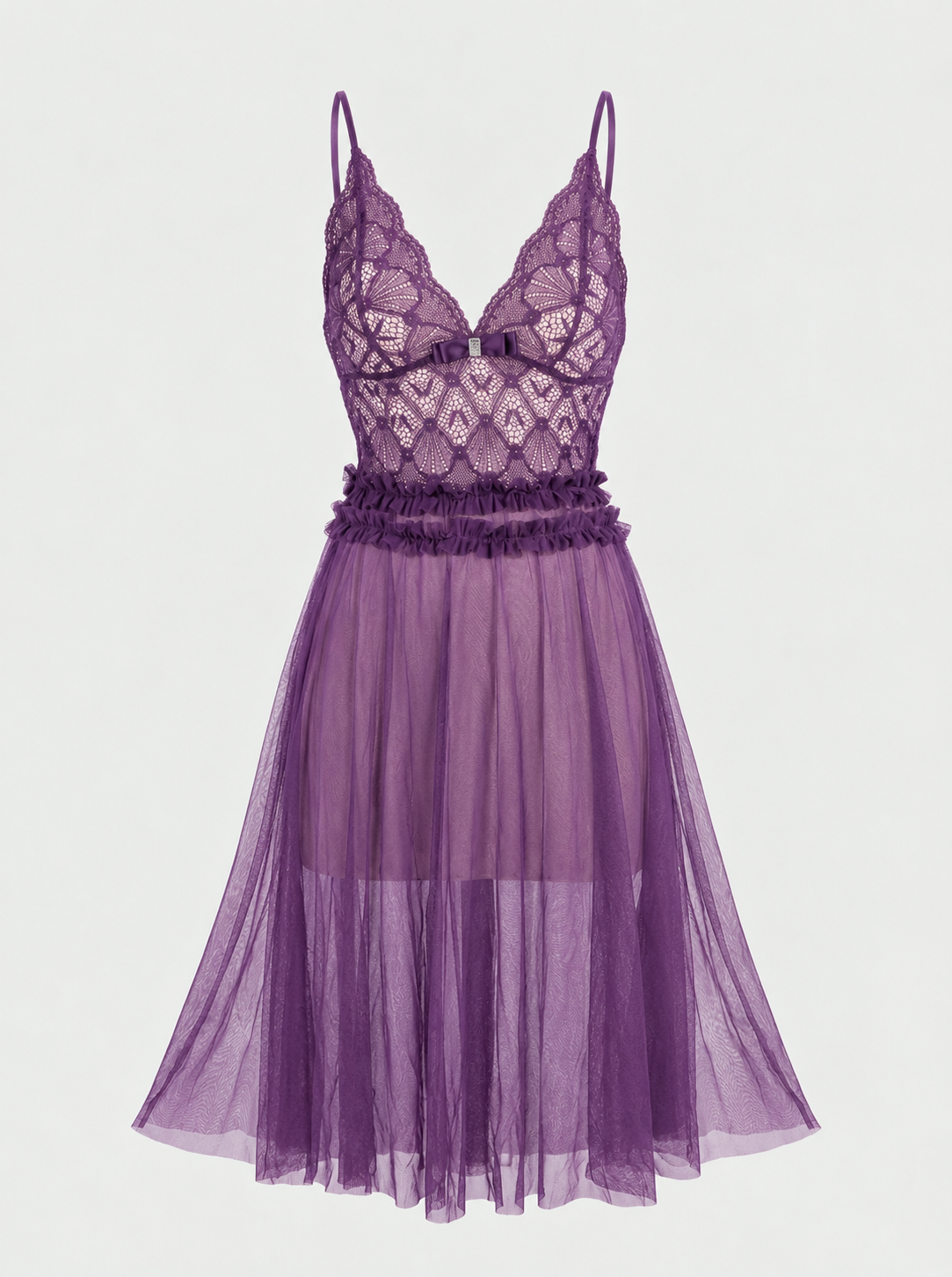 One-Size Sheer Mesh Babydoll with Fan Lace Bodice