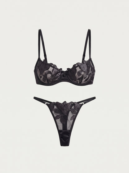 Satin Floral Embroidered Lingerie Underwire Set