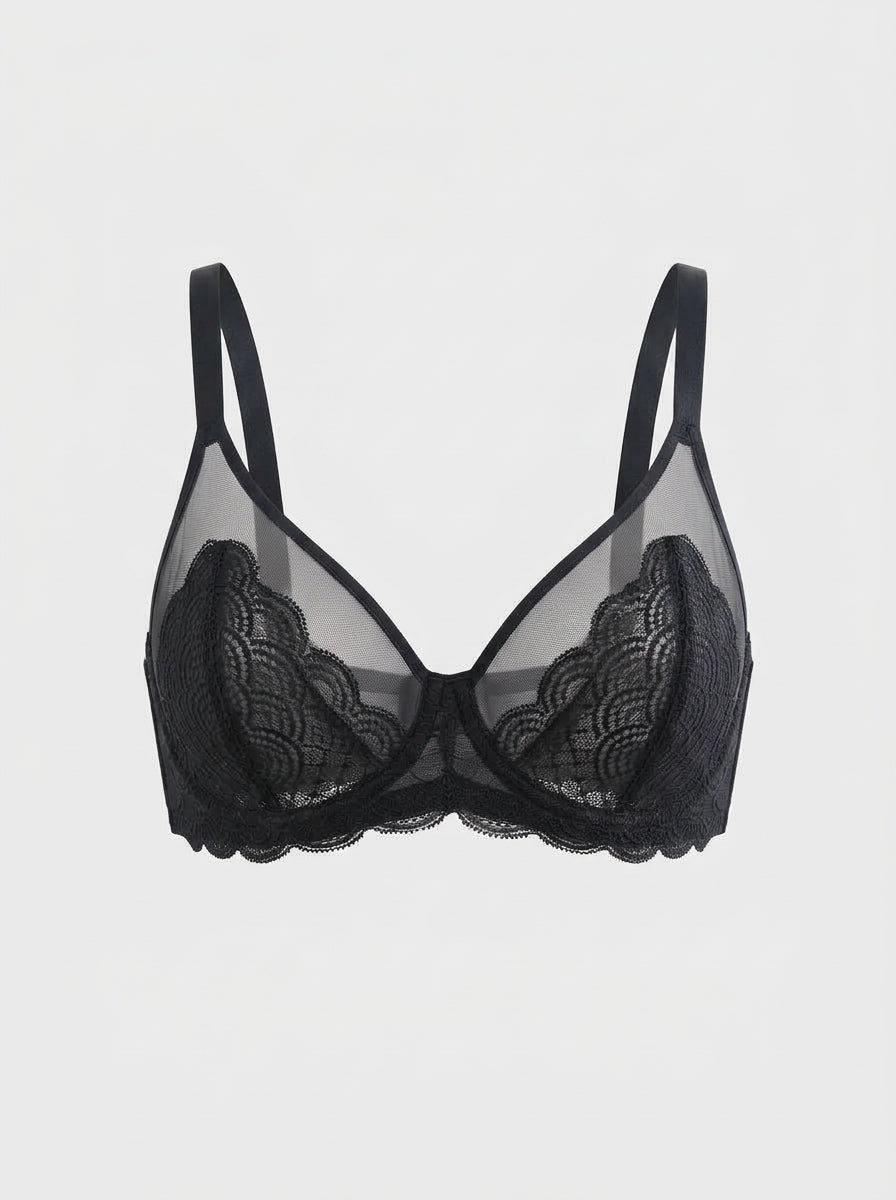 Sheer Underwire Bra | Scalloped Lace Trim | See-Through Mesh Cups