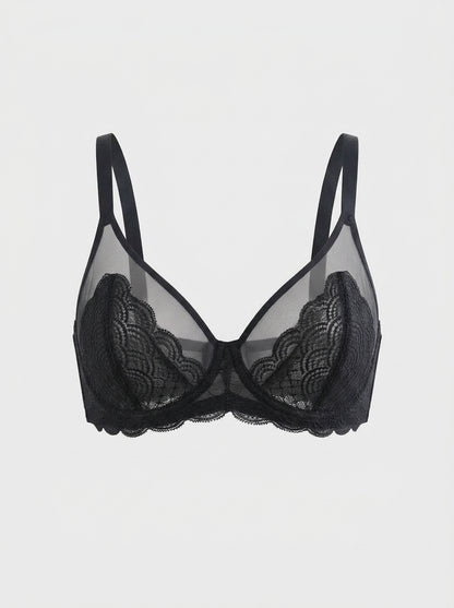 Sheer Underwire Bra | Scalloped Lace Trim | See-Through Mesh Cups