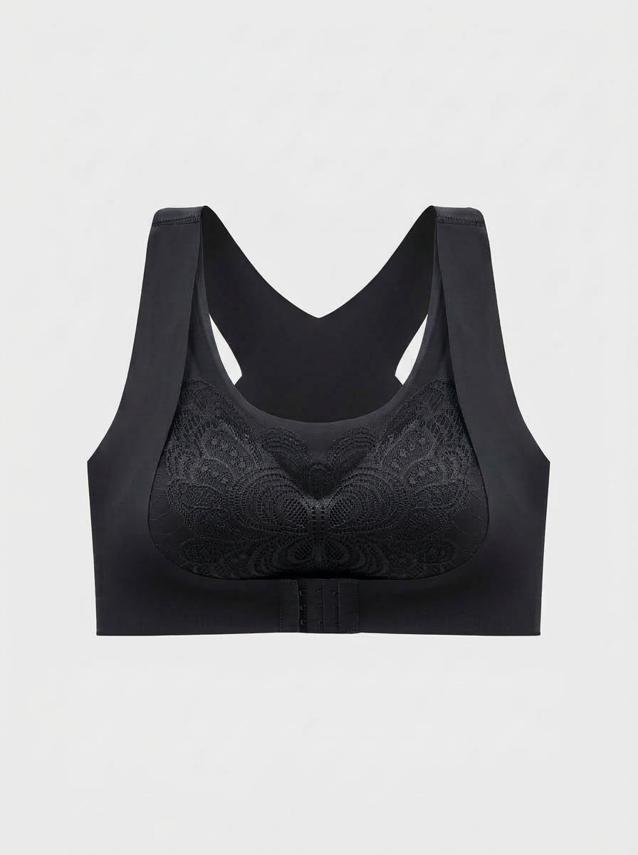 Front-Closure Lace Racerback Bra with Wire-Free Support