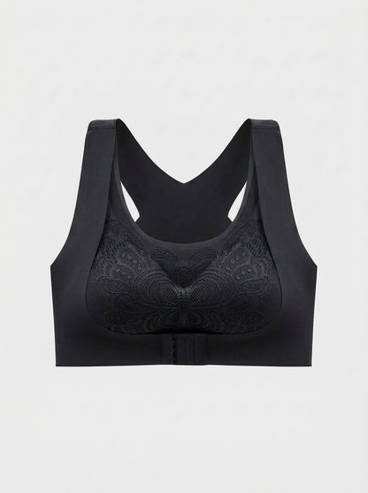 Front-Closure Lace Racerback Bra with Wire-Free Support